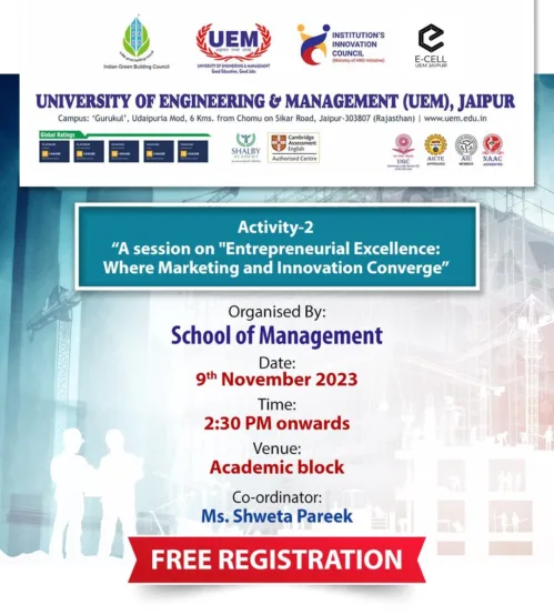 School of Management, UEM Jaipur organized “Entrepreneurial Excellence: Where Marketing and Innovation Converge” in association with IIC on November 09, 2023