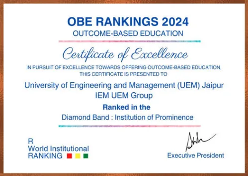 University of Engineering and Management UEM Jaipur is ranked in the DIAMOND BAND as INSTITUTION OF PROMINENCE under OBE RANKINGS 2024