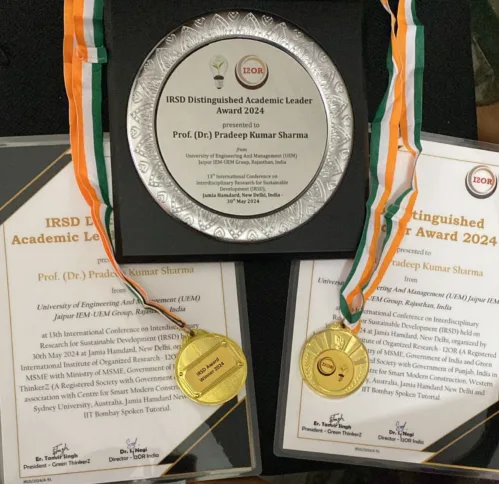 Prof. (Dr.) Pradeep Kumar Sharma, Registrar and Provost, UEM Jaipur has been conferred with most prestigious IRSD Distinguished Academic Leader Award 2024 and IRSD Distinguished Researcher Award 2024.