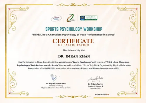 Dr. Imran Khan from the Department of Physiotherapy successfully completed a three-day workshop on sports psychology with the theme "Think Psychology of Peak Performance in Sports."