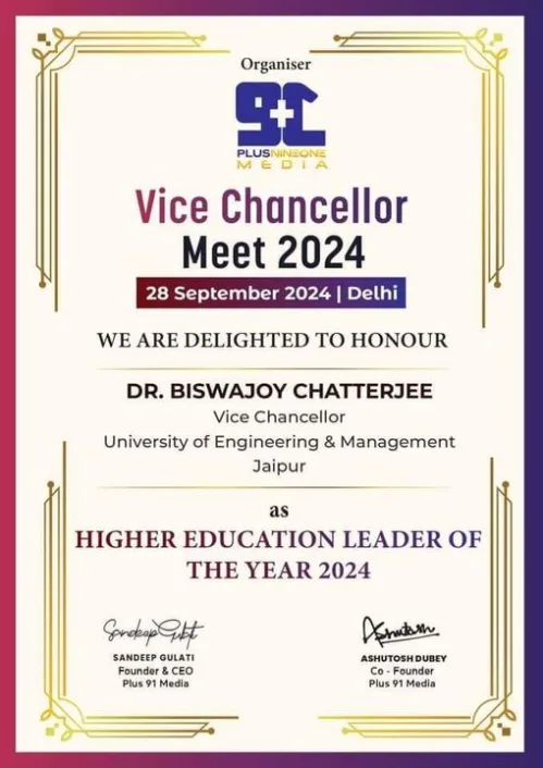 University of Engineering and Management, Jaipur, are deeply honored to receive this recognition from Plus Nine One Media.