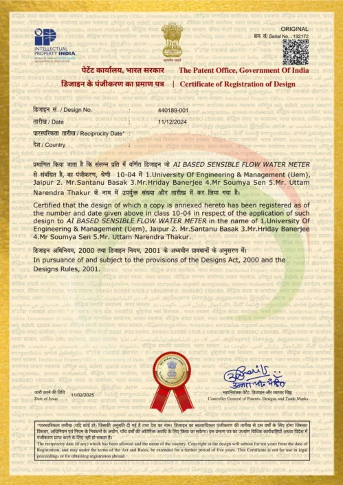 We are happy to announce that 5 more design patents granted for UEM Jaipur.