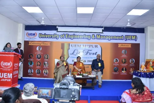 The University of Engineering and Management (UEM), Jaipur proudly hosted UEM LitFest 2025 in collaboration with Voices, bringing together an inspiring assembly of literary minds, scholars, and creative voices. This year's theme, "A Journey from Puranas to New Stories," beautifully connected classical narratives with contemporary storytelling.