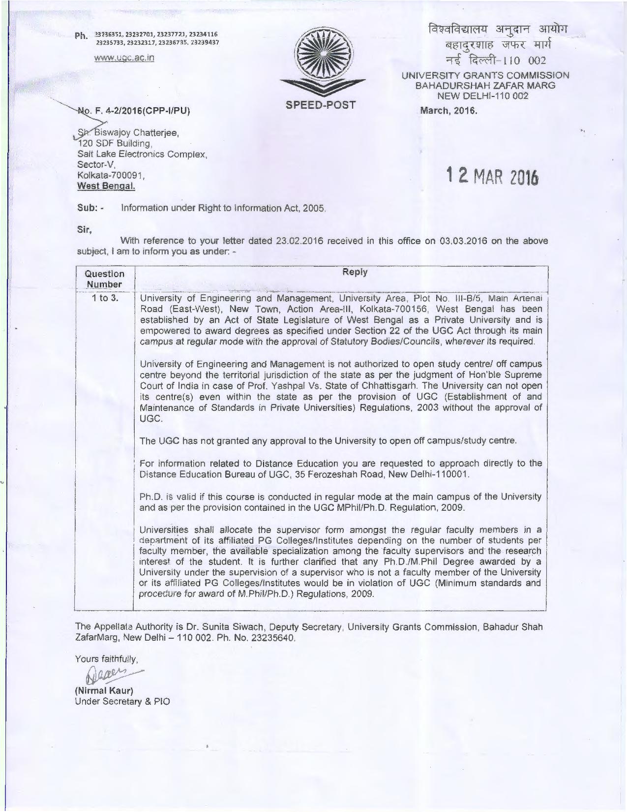 Letter from UGC on the recognition of UEM.