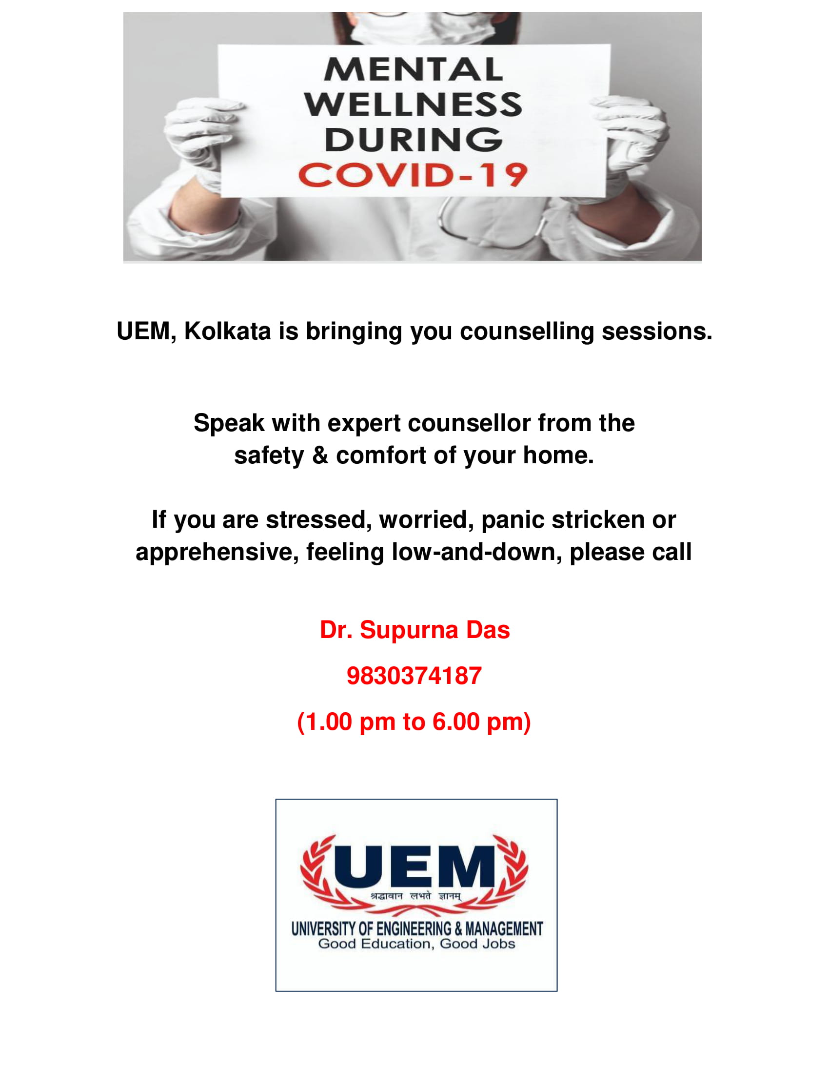 UEM Kolkata is bringing you counseling sessions during COVID-19 by Dr. Supurna Das
