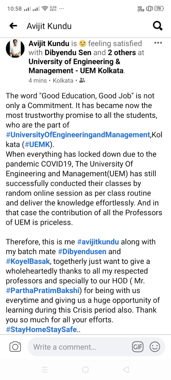 A wonderful response given by the students of BHM (Bachelor of Hotel and Hospitality Management) department of the UEM Kolkata to their teachers