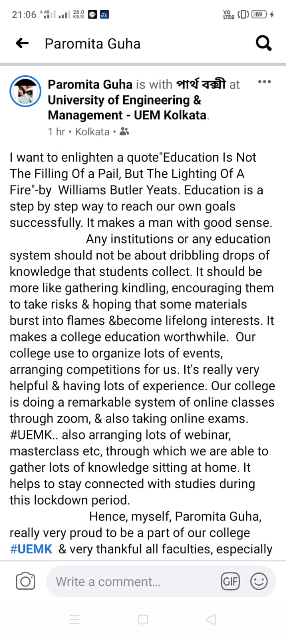 A wonderful response given by the Ms. Paromita Guha, student of BHM department of UEM Kolkata to her teachers