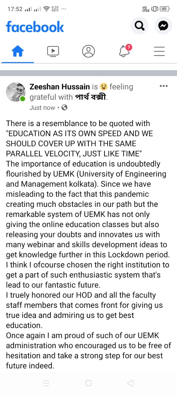 A wonderful response given by the Mr. Zeeshan Hussain, student of BHM department of UEM Kolkata to his teachers