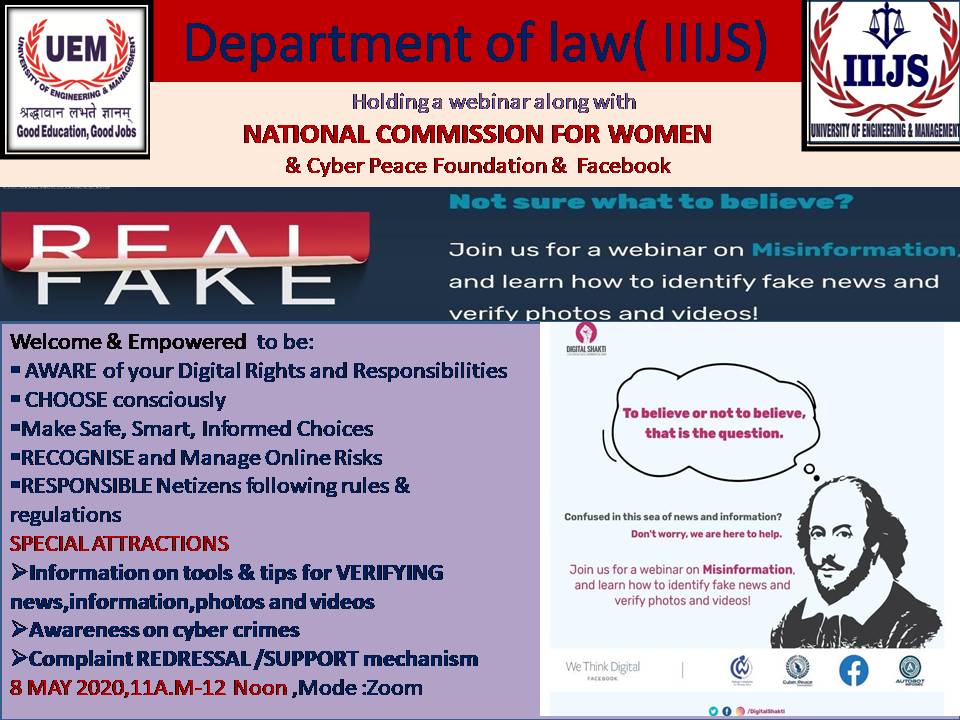 Department of law (IIIJS) of UEM Kolkata is organising a webinar on Misinformation and learning how to identify fake news