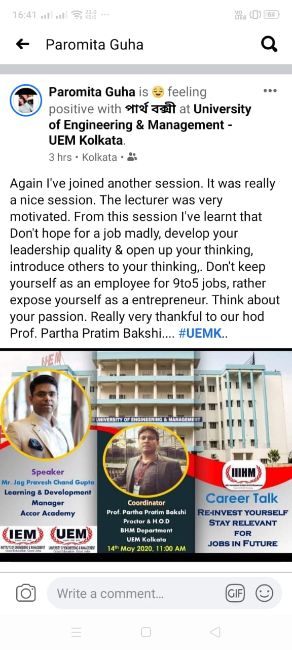 Wonderful response by Ms. Patomita Guha, student of BHM department, UEM Kolkata regarding the inspiring and motivating session by Mr. Jag Pravesh Chand Gupta on 14th May 2020