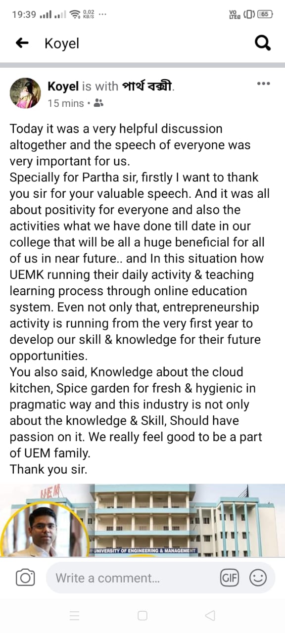 Wonderful response by Ms. Koyel, student of BHM department, UEM Kolkata regarding the continuous valuable sessions organised by UEM Kolkata