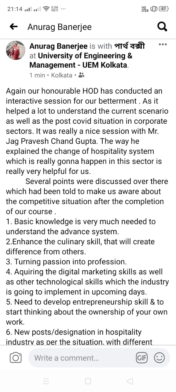 Wonderful response by Mr. Anurag Banerjee, student of BHM department, UEM Kolkata regarding the continuous valuable sessions organised by UEM Kolkata