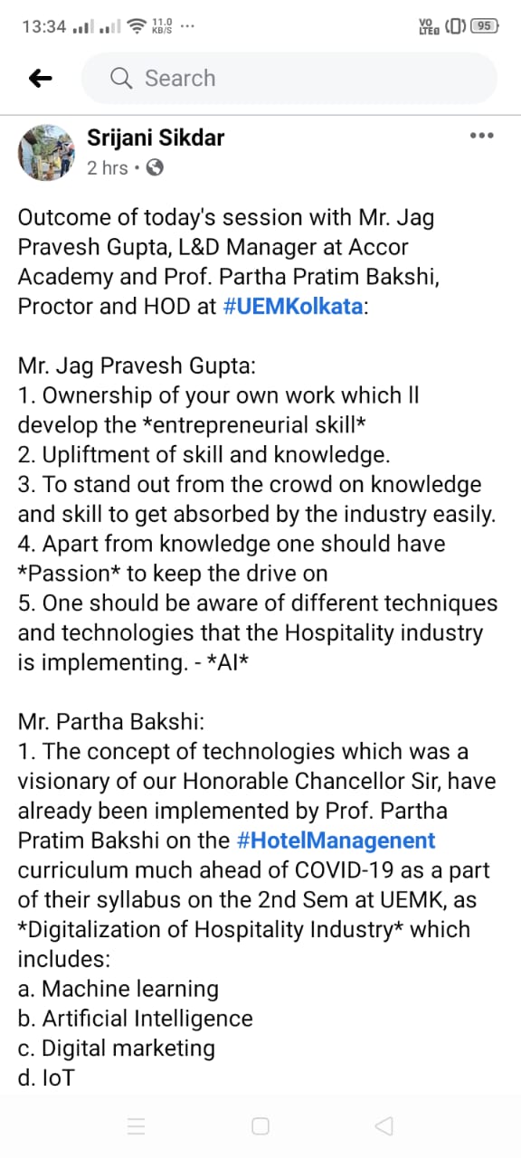 Ms. Srijani Sikdar, Professor of BHM department, UEM Kolkata wrote the outcome of the inspiring and motivating sessions organised on 14th May 2020