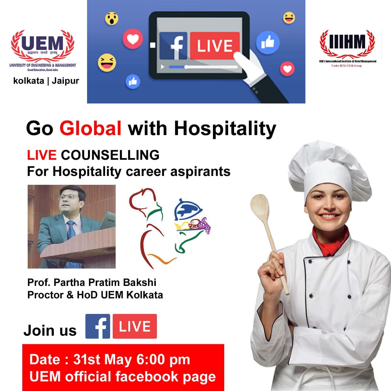IIIHM Hotel Management unit of UEM Kolkata conducting facebook live session for Hospitality career aspirants on 31st May 2020