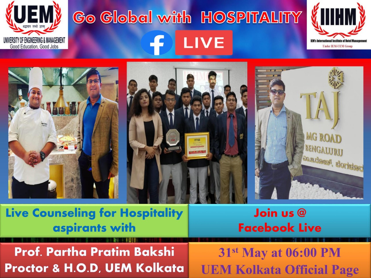 Live counseling session at UEM Kolkata Official facebook page for Hospitality aspirants on 31st May 2020