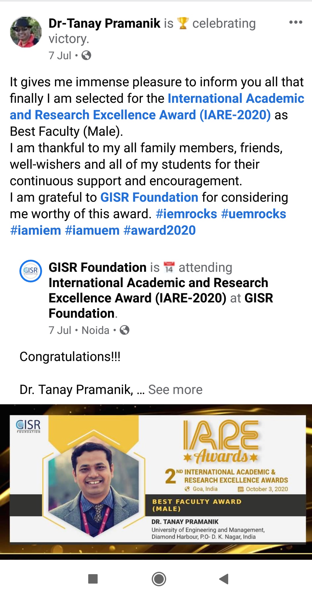 Achievement of Dr. Tanay Pramanik of UEM Kolkata