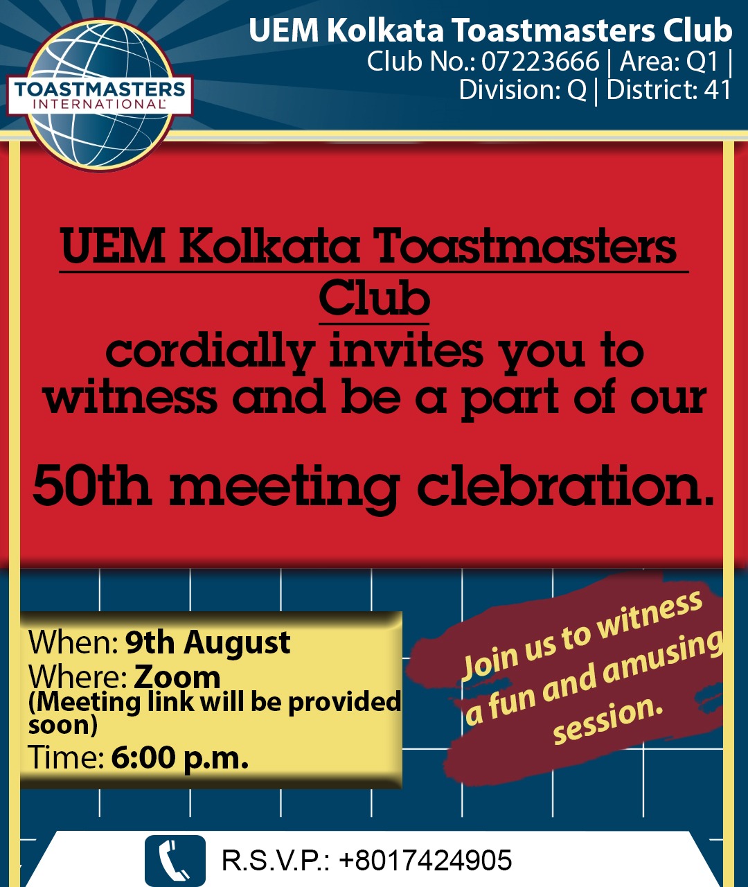 50th UEM Kolkata Toastmasters Club Meeting on 9th August 2020