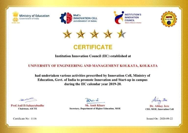 Institution Innovation Council was established at UEM, Kolkata on successful completion of various activities.