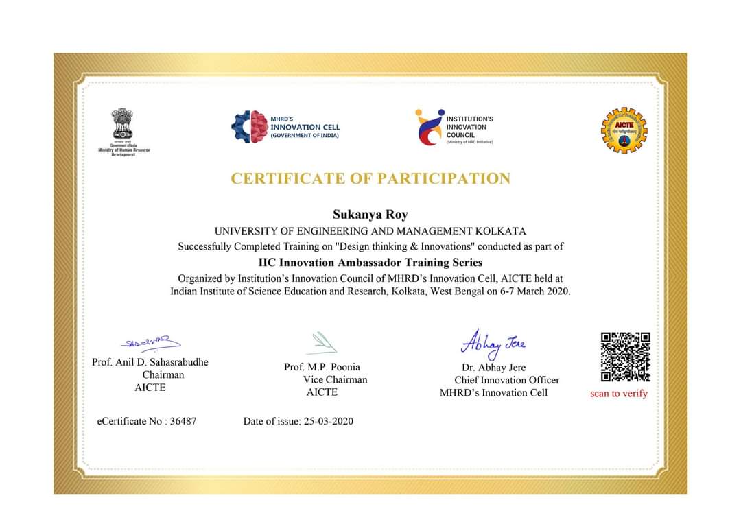 Prof. Sukanya Roy, Assistant Professor, UEM, Kolkata, successfully completed the training onDesign Thinking and Innovation
