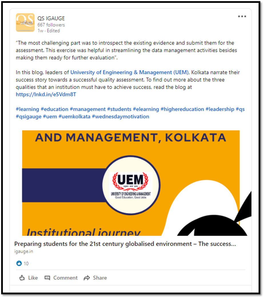 The success story of UEM Kolkata has been published by QS authority