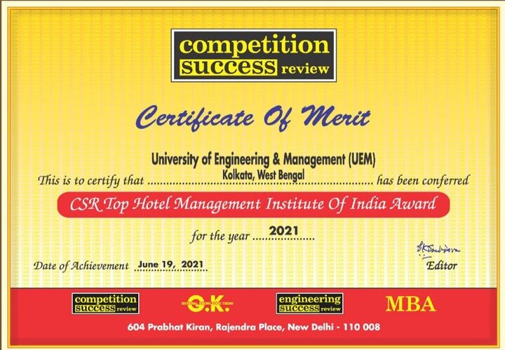 The University was awarded CSR Top Hotel Management Institute of India Award