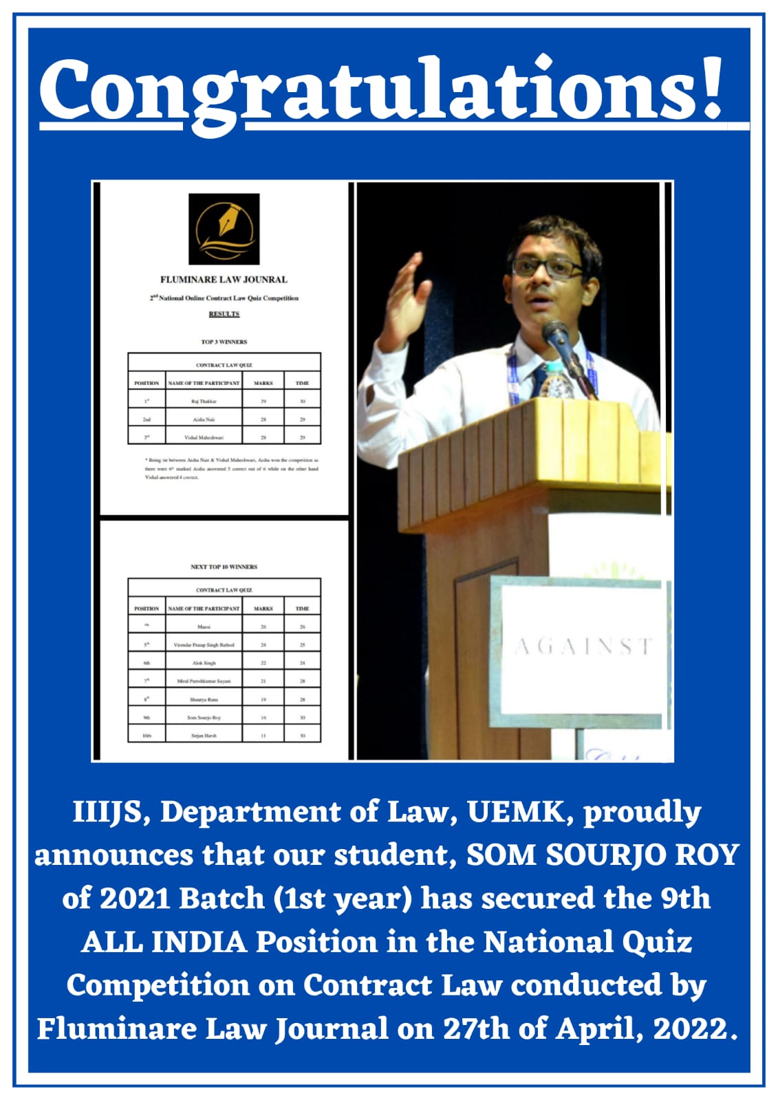 9th All India Position in National Quiz on Law