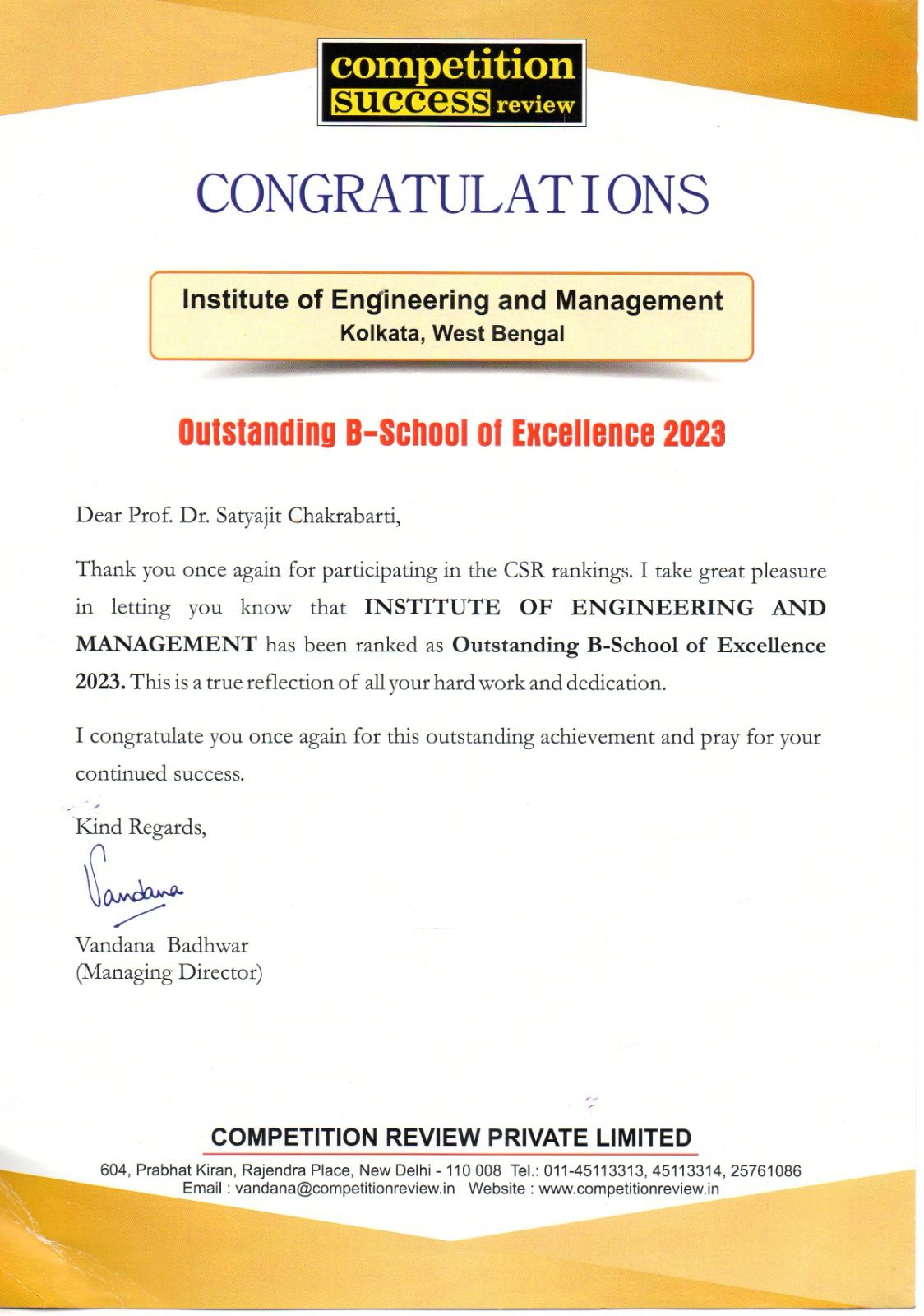 Outstanding B-school of Excellence 2023 rating