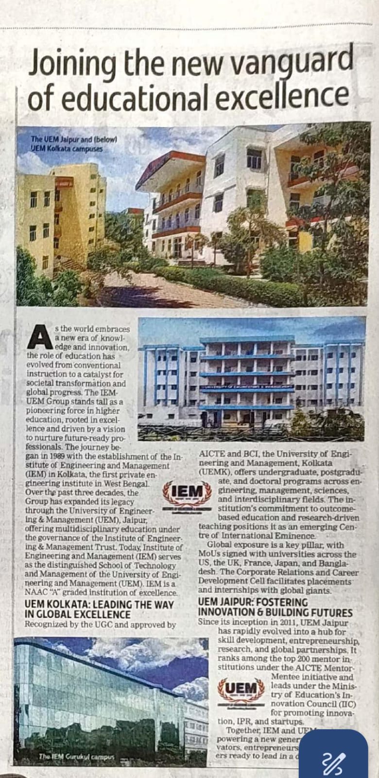 Educational excellence featured in Times Of India (CALCUTTA TIMES)