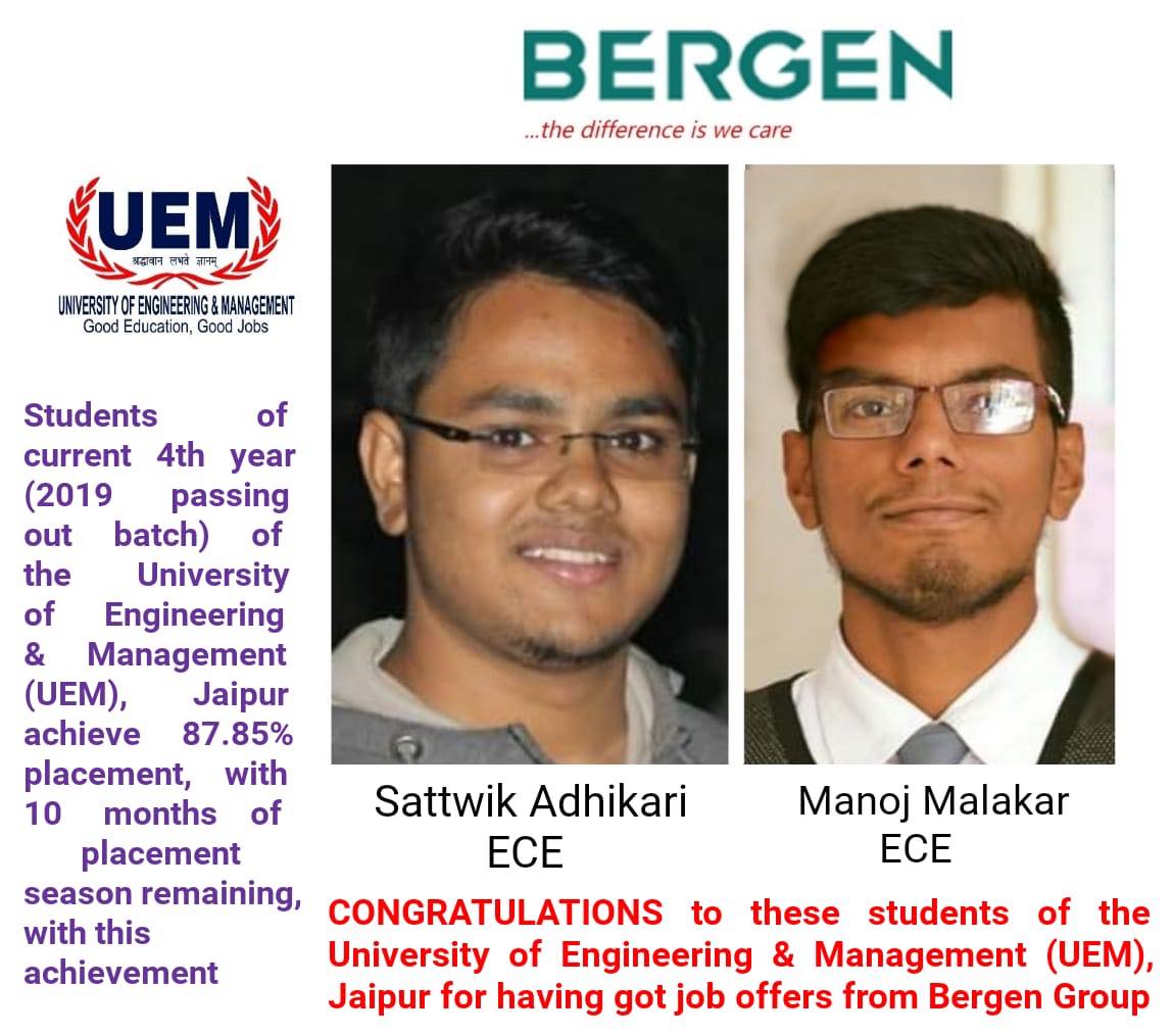 Students of UEM Jaipur got job offer from the reputed Bergen group