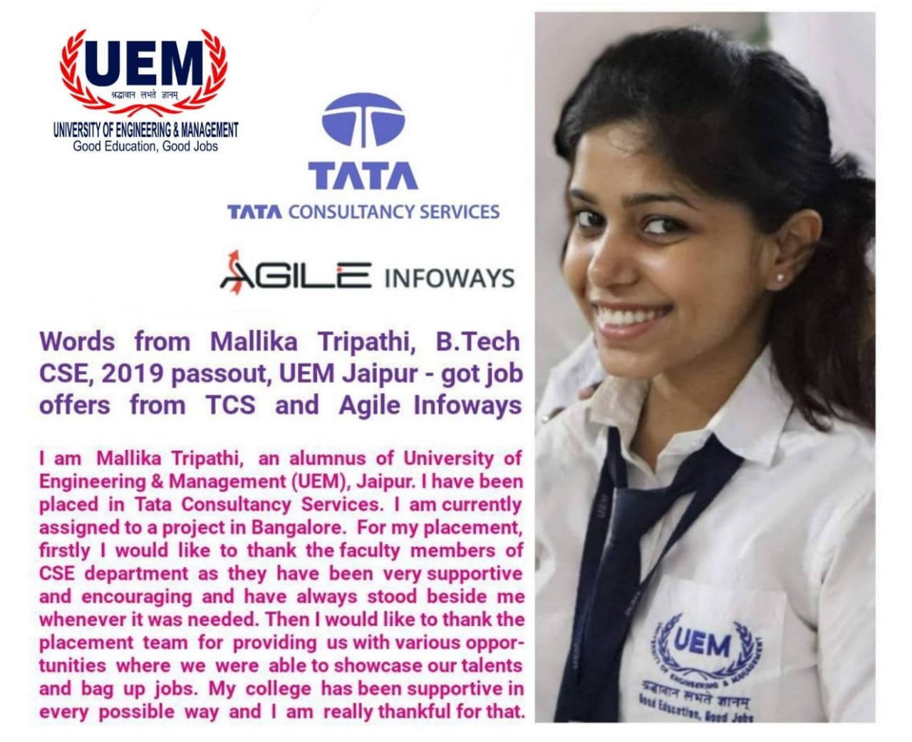 Words from Mallika Tripathi, 2019 passout of UEM Jaipur
