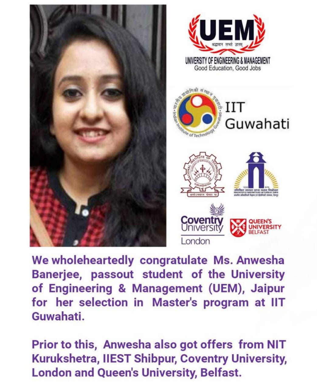 Ms. Anwesha Banerjee, 2018 passout student of UEM Jaipur got selected at IIT Guwahati for Master's Program