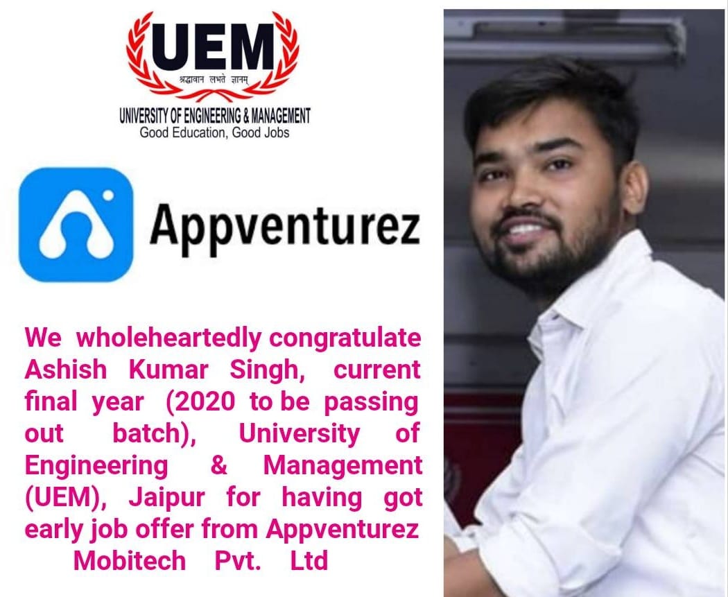 Ashish Kumar Singh, current final year student got early job offer from Appventurez Mobitech Pvt. Ltd.