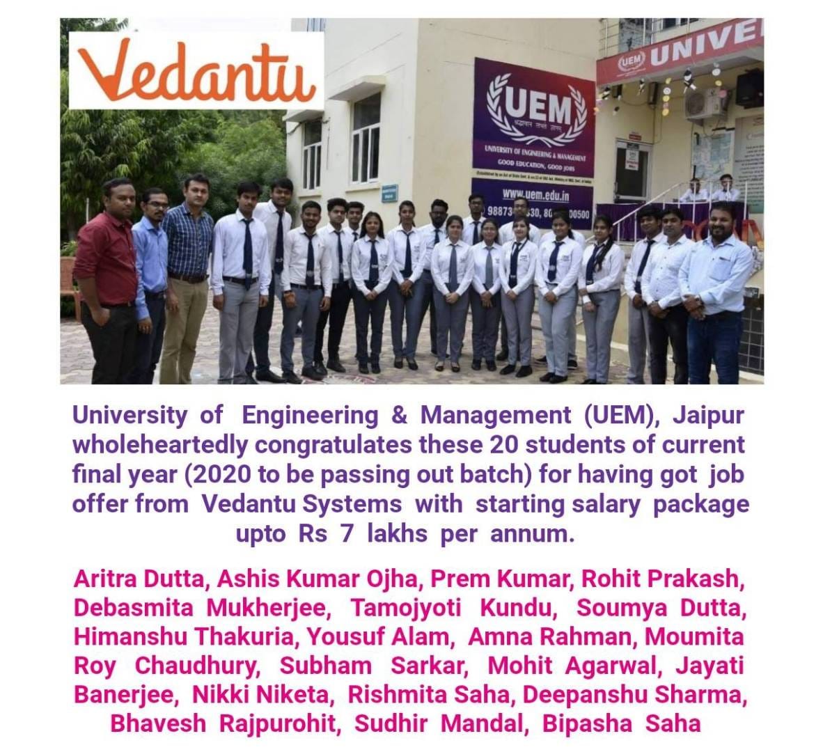 UEM Jaipur congratulates these 20 students of 2020 to be passing out batch for having got job offer from Vedantu Systems