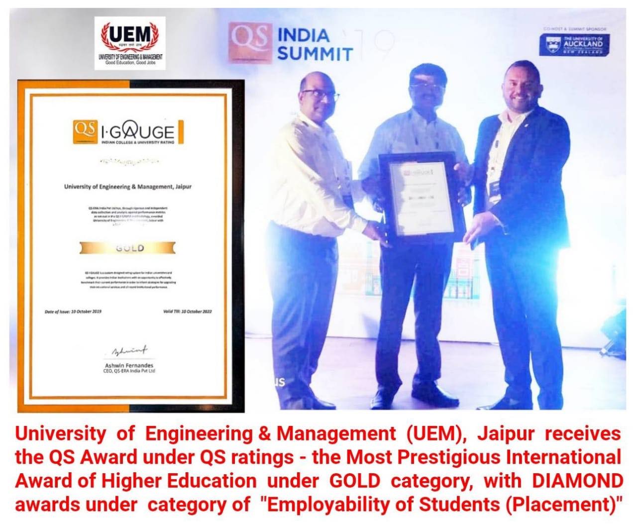 UEM Jaipur receives the Most Prestigious International Award - "QS Awards" with overall GOLD category, and with DIAMOND category under "Employability of students (Placement)"