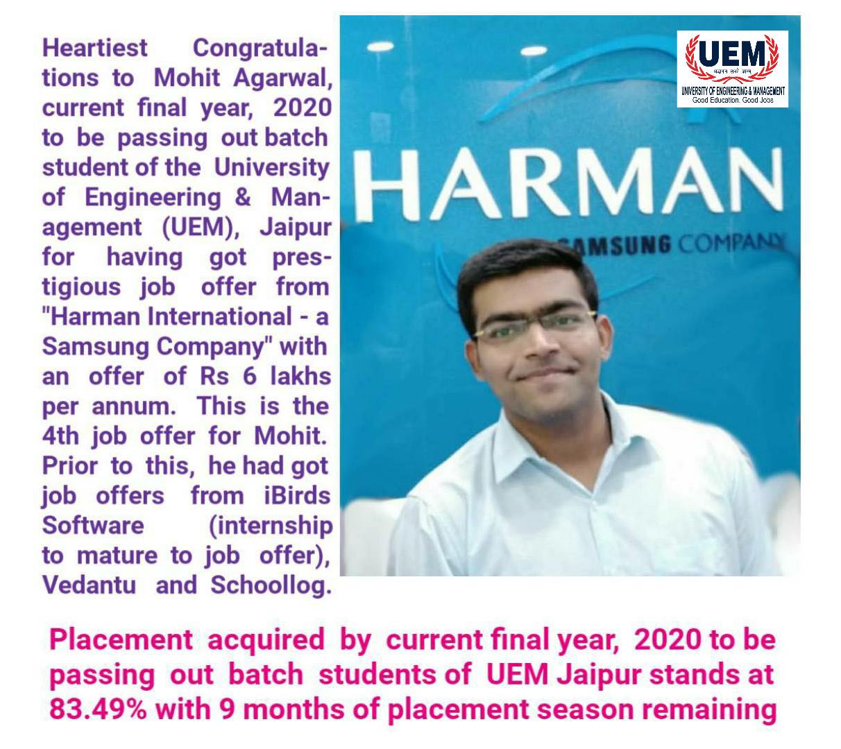 Mohit Agarwal, current final year, 2020 to be passing out batch student of UEM Jaipur acquired prestigious job offer from "Harman International - a Samsung company"