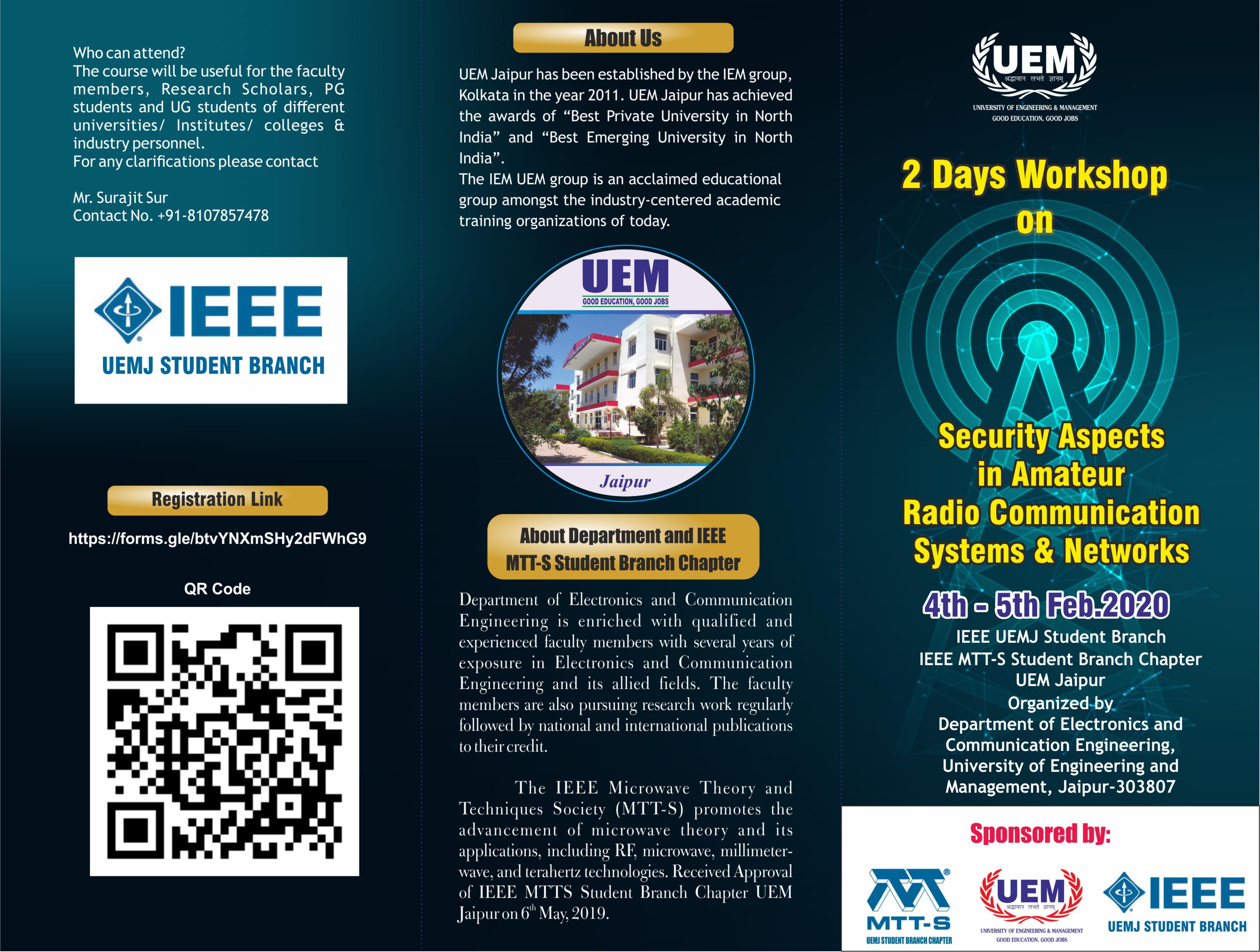 2 Day IEEE Workshop on "security aspects in Amateur radio communication systems and networks" on 4th-5th Feb, 2020 at UEM Jaipur