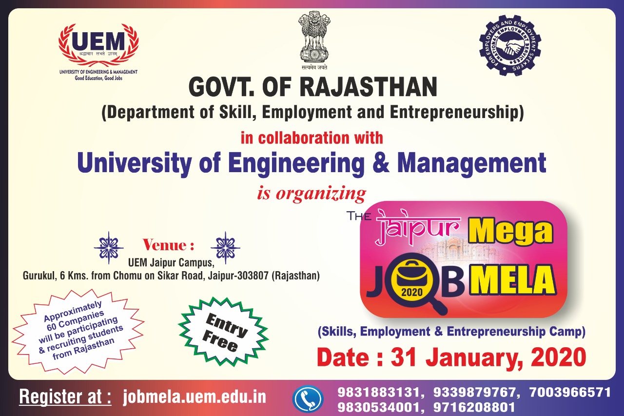 The Jaipur Mega Job Mela, 2020 to be held on 31st January, 2020