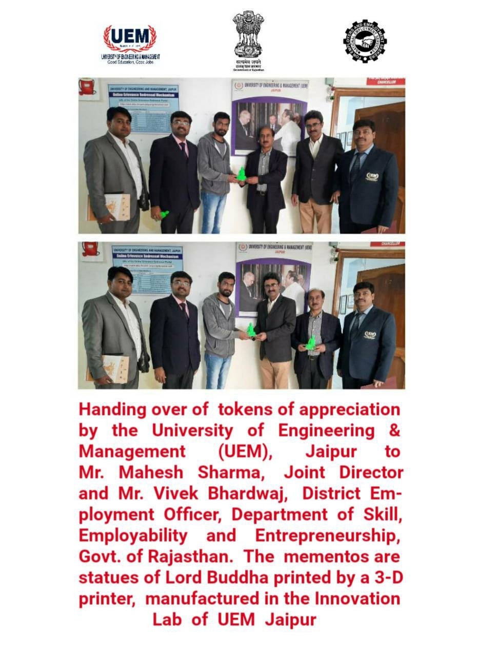 Handing over of tokens of appreciation by Mr. Shopan Dey, Eminent Research Scholar, UEM Jaipur to Mr. Mahesh Sharma, Joint Director and Mr. Vivek Bhardwaj, District Employment Officer, Department of Skill, Employability and Entrepreneurship, Govt. of Rajasthan