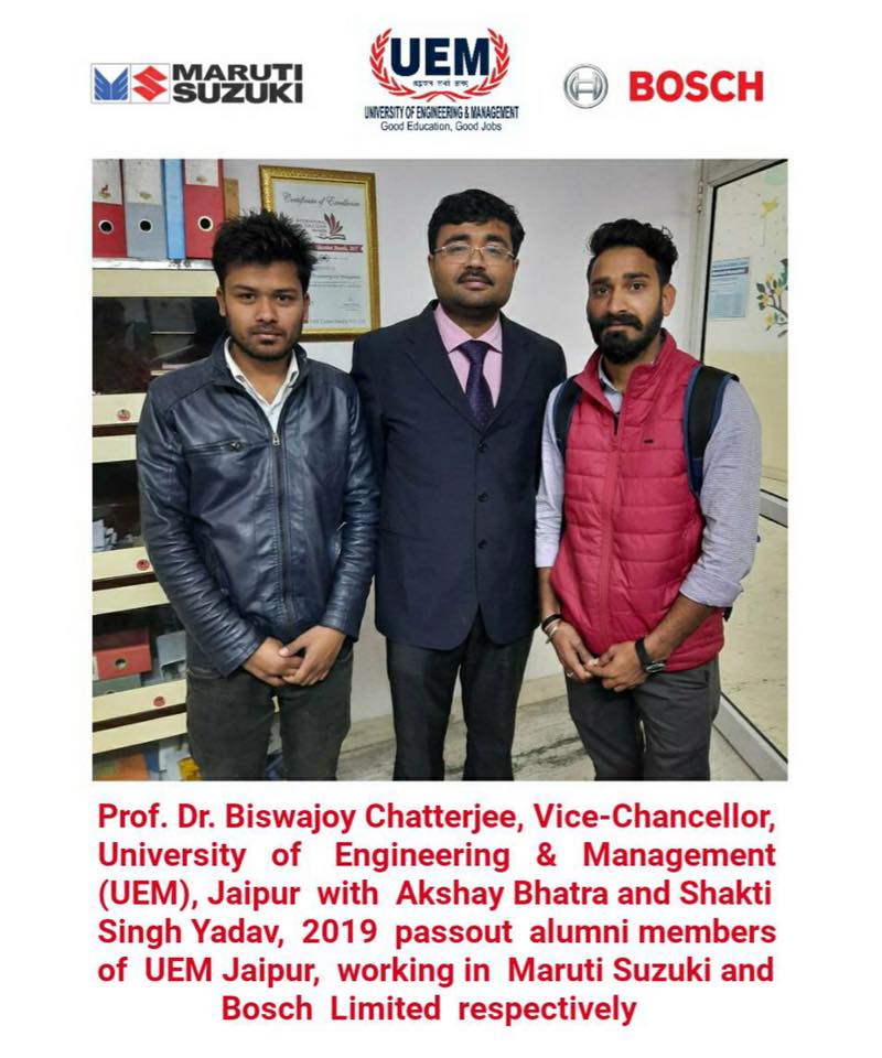 Prof. Dr. Biswajoy Chatterjee, Vice-Chancellor of UEM Jaipur with Akshay Bhatra and Shakti Singh Yadav, 2019 pass out alumni members of UEM Jaipur