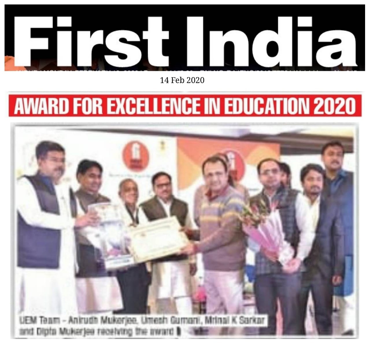The Award for "Excellence in Employability and Placement of students" was given to UEM Jaipur by the leading media house of Rajasthan - First India News