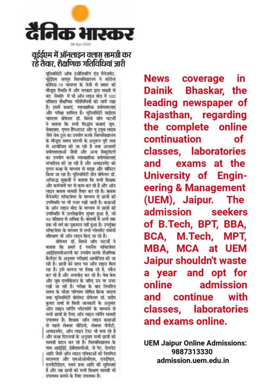 Press Release in Dainik Bhaskar regarding complete online continuation of classes, laboratories and exams at the UEM Jaipur