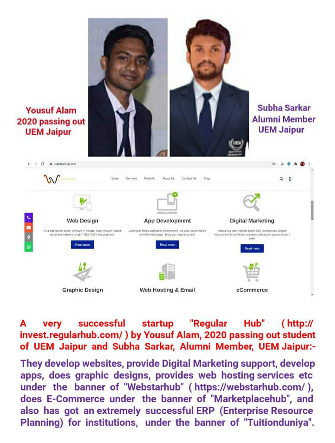 An awarded and a very successful startup "Regular Hub" by Yousuf Alam, 2020 passing out student of UEM Jaipur and Subha Sarkar, Alumni Member, UEM Jaipur