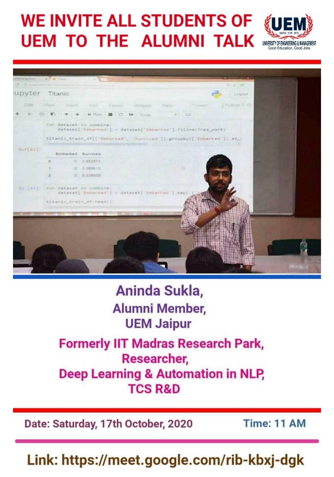 Motivational talk from alumni member of the UEM Jaipur on 17th October 2020 from 11am