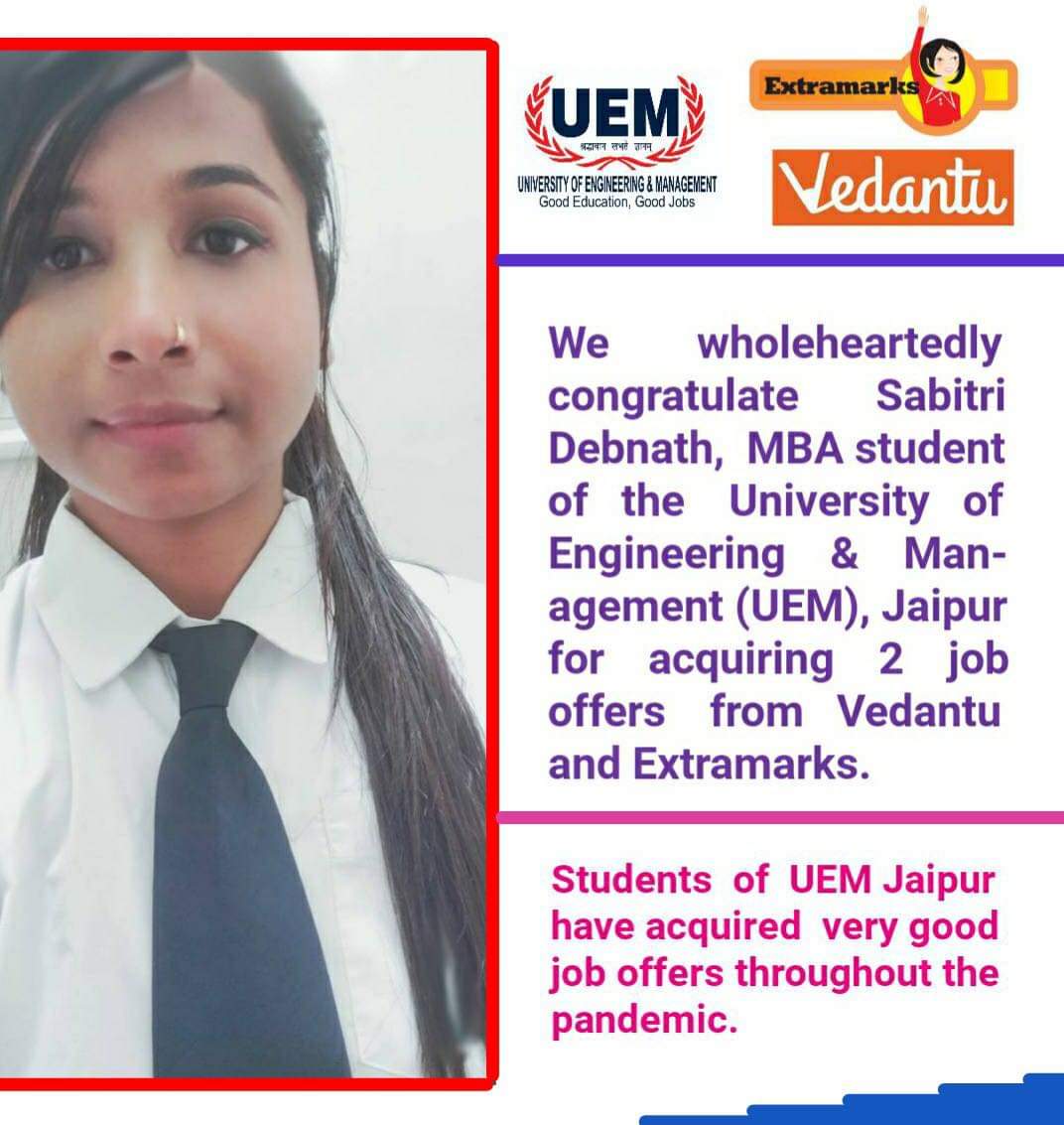 UEM, Jaipur have acquired job offers from Vedantu and Extramarks
