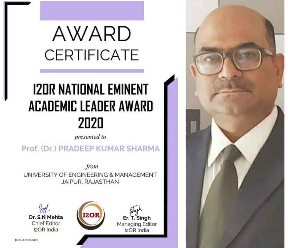 Prof.Dr.Pradeep Kumar Sharma, Registrar, UEM Jaipur have received National Eminent Academic Leader Award 2020