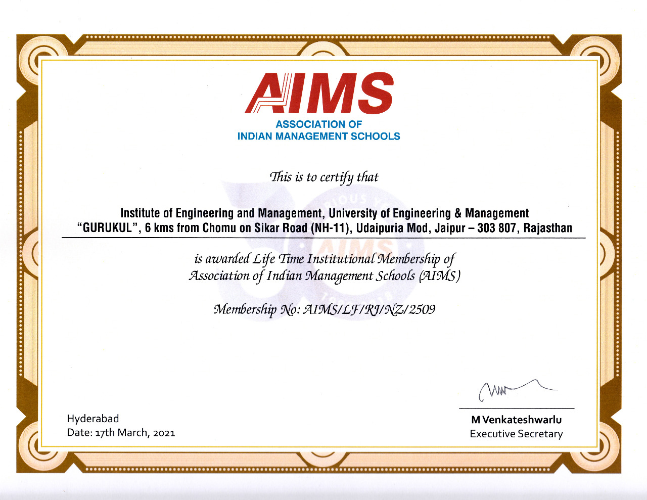Life Time Institutional Membership of Association of Indian Management (AIMS)