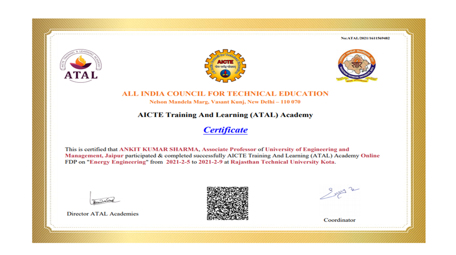 AICTE Training And Learning (ATAL) Academy Online FDP on Energy Engineering