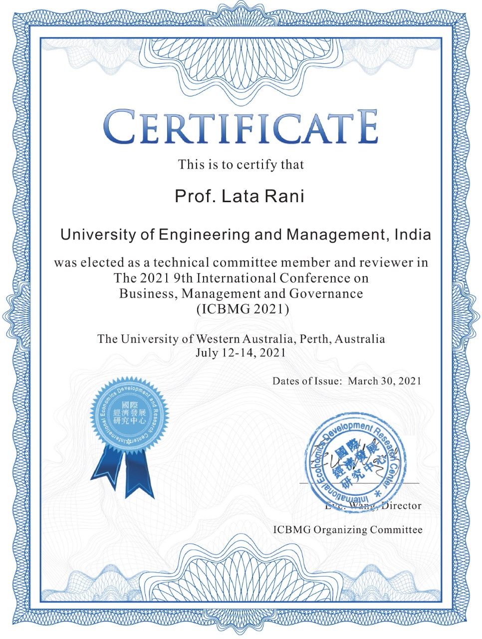 Faculty Achievement - Prof. Lata Rani, UEM, Jaipur