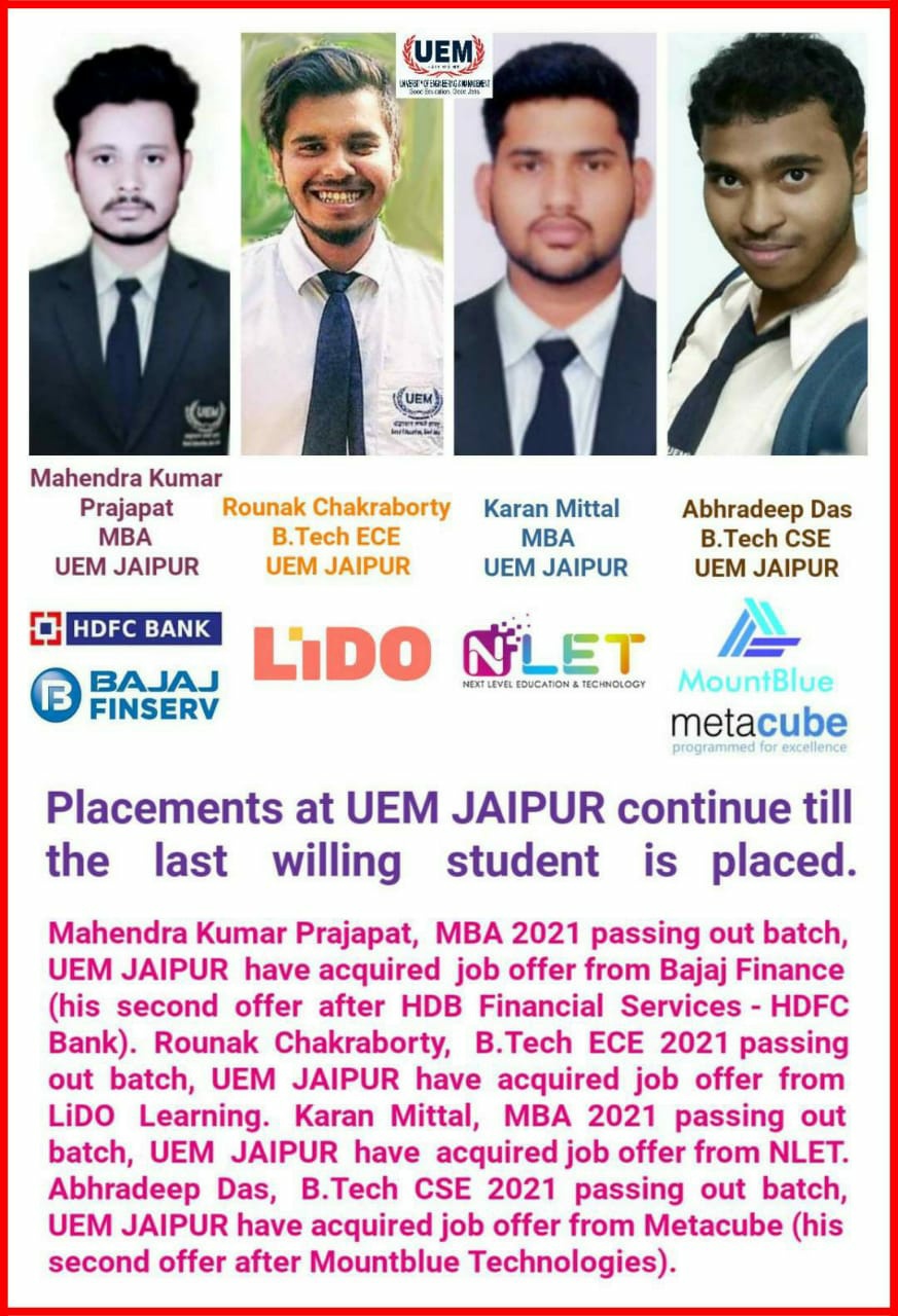 Placements at UEM JAIPUR will continue till the last willing student is placed