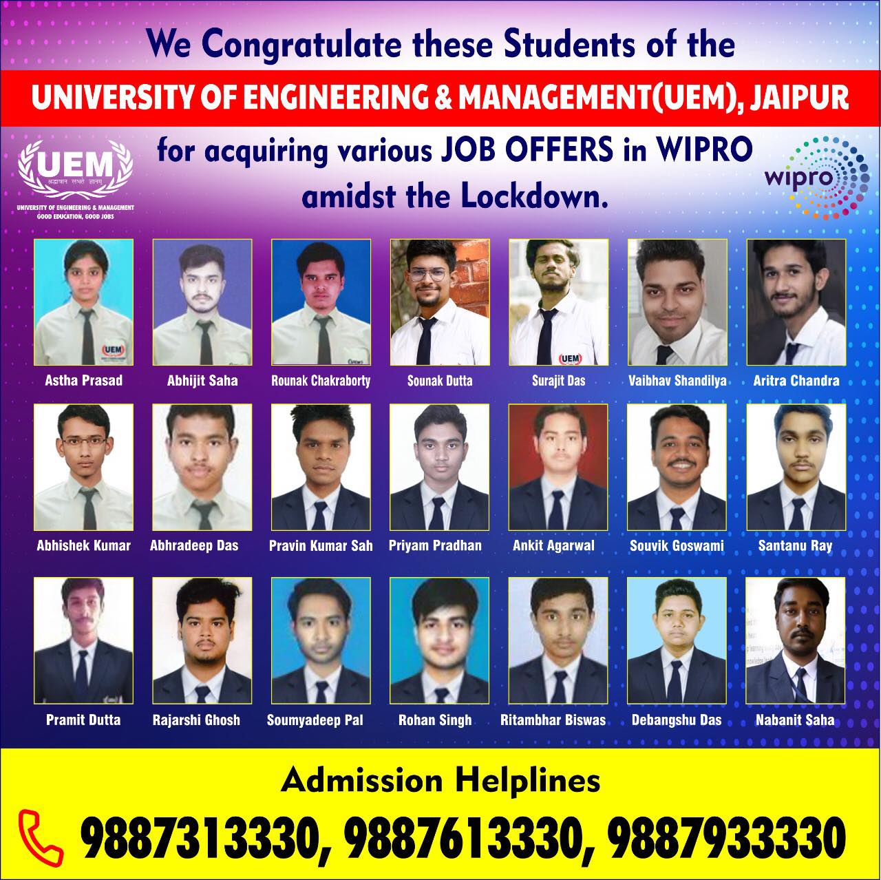 MORE JOB OFFERS FROM WIPRO FOR THE STUDENTS OF UEM JAIPUR